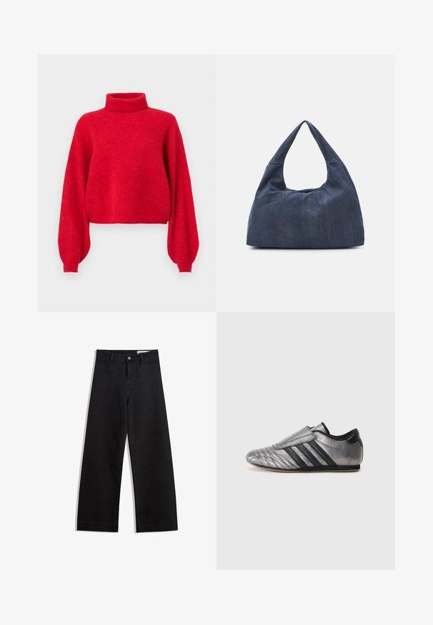 Piros, bordázott kötött pulóver magas gallérral, nagy méretű ujjakban és rövidített aljú fazonban. Puha fonalból készült, texturált felülettel.; Fekete, bő szabású farmernadrág magas derékkal, elülső és hátsó zsebekkel, varrott felületekkel és gombos záródással. Sima textúra.; adidas Originals TAEKWONDO - Belebújós cipők - grey five/core black; Sötétkék farmer táska puha, laza formával, hobo-stílusú fogantyúval és textúrált felülettel. Látható fémrész nélküli.