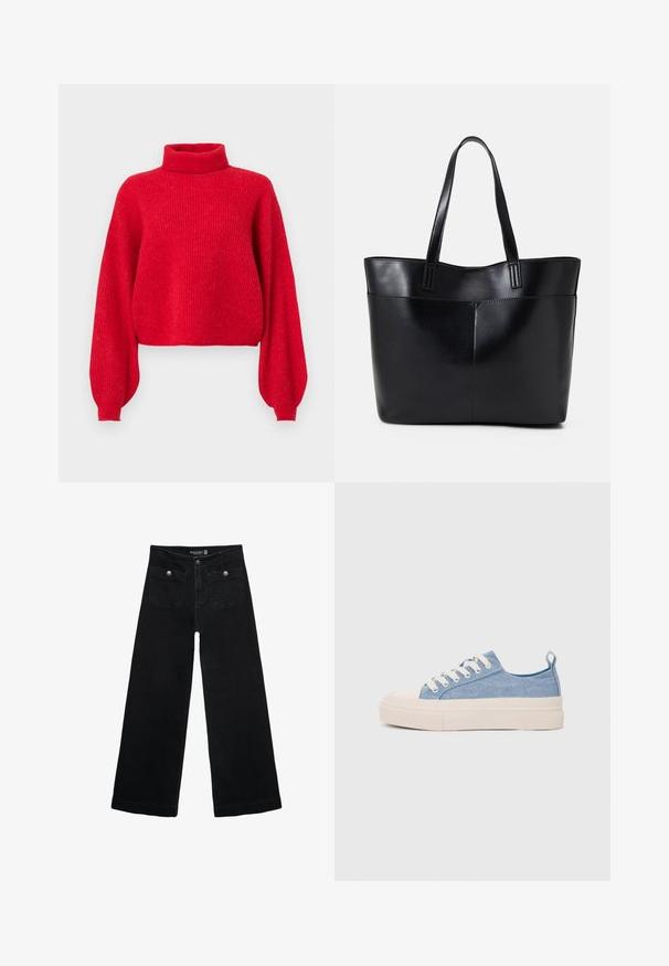 Punainen, kammattu neulepaita, jossa on korkea kaulus, suurikokoiset hihat ja lyhennetty helma. Valmistettu pehmeästä langasta, jossa on teksturoitu pinta.; Mustat leveälahkeiset farkut korkean vyötärön kanssa, joissa on kaksi etutaskua ja metalliset nappikoristeet. Kangas on sileä.; Vaaleansiniset kangaskengät, joissa on kerma värinen kuminen varvaskuppi ja pohja, valkoiset nauhat ja vetotappi kantapäässä.; Musta nahkainen kassi, jossa on kaksi pitkää kahvaa, sileä pinta ja jämäkkä muoto. Sisältää etutaskun lisävarastointia varten.