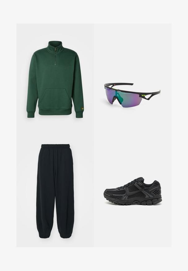 Zöld pulóver magas gallérral, negyed cipzárral és elülső zsebével. Puha anyagból készült, bordázott mandzsettákkal és szélekkel rendelkezik.; Fekete, rugalmas derékpántos melegítőnadrág, laza fit, véget érő szárakkal, sima textúrával, látható minták vagy hardver díszek nélkül.; Fekete sportcipő, hálós felsőrésszel, gumitalppal és texturált részletekkel. A dizájn kiemelkedő fűzőrendszert és párnázott talpat tartalmaz.; Fekete keretes sport napszemüveg, nagy, lila és zöld árnyalatú, gradiens lencsével, szögletes formatervezési kiemelésekkel és logó részletekkel.