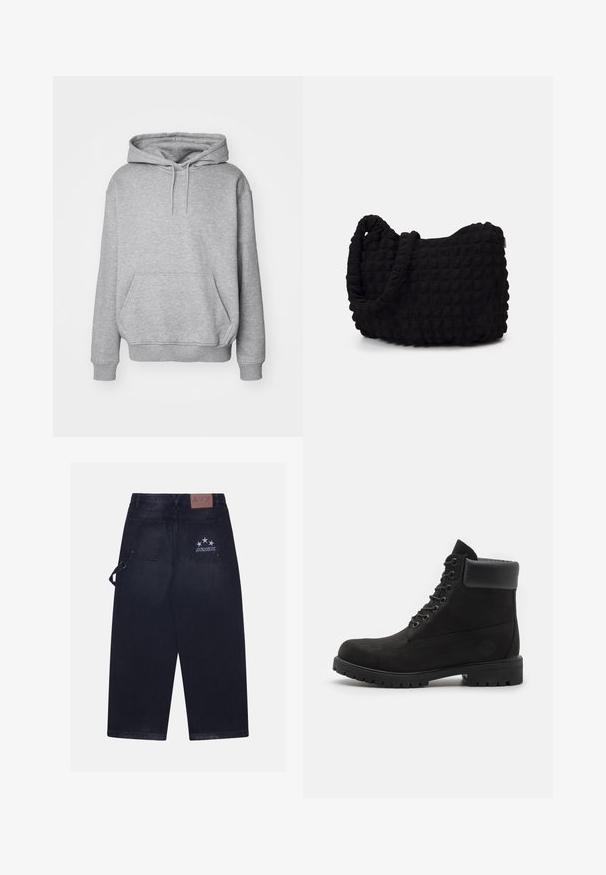 Grauer Pullover-Hoodie aus weichem Baumwoll-Mix, mit einer großen Fronttasche, verstellbaren Zugbändern und gerippten Bündchen und Saum.; Dunkelblaue Jeanshose mit lockerer Passform. Verfügt über zwei Gesäßtaschen, ein Lederpatch mit Logo und ein Fünf-Sterne-Design auf einer Tasche.; Schwarze geschnürte Knöchelboots mit gepolstertem Kragen und robustem Profil, im Profil vor einem weißen Hintergrund dargestellt.; Schwarze Stofftasche mit einer strukturierten, gesteppten Oberfläche. Abgerundete Form, kurze, dicke Griffe und eine weiche, flexible Struktur.
