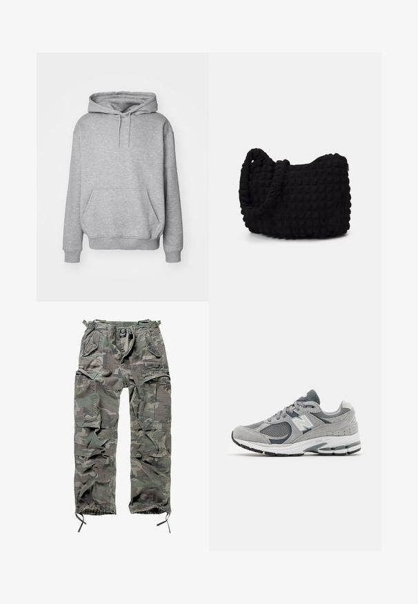 Siva majica s kapuljačom od mekanog materijala s kangur džepom i rebrastim manžetnama. Ima vezice za podesivu kapuljaču.; Zelena i siva kamuflažna cargo hlače s više džepova, elastičnim pojasom, podesivim manžetama na gležnjevima i ležernim krojem.; Sivi tenisice izrađene od mrežastih i antilop materijala, s bijelim logotipom, podstavljenim okvirom i teksturiranom gumom potplatom. Akcenti u tamnijoj sivoj boji.; Crna platnena torba s teksturiranim, kviltanim uzorkom. Okrugli oblik, kratke, debele ručke i meka, fleksibilna struktura.