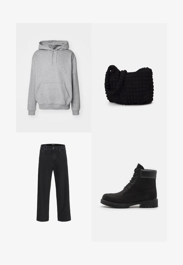 Siv pulover s kapuco, izdelan iz mešanice mehkega bombaža, z velikim sprednjim žepom, nastavljivimi vrvicami in rebrastimi manšetami ter robom.; Črne kavbojke ravnega kroja z gumbom in zadrgo, z zankami za pas ter sprednjimi in zadnjimi žepi.; Črne čipkaste gležnjarje z oblazinjeno obrobo in trdim podplatom, prikazane v profilu na beli podlagi.; Črn platneno torba z strukturiranim, quilted vzorcem. Okrogla oblika, kratki, debeli ročaji in mehak, fleksibilen konstrukt.