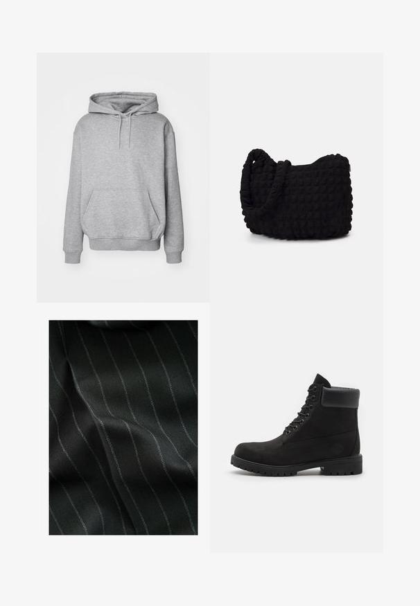 Sudadera gris de tejido suave de mezcla de algodón, que cuenta con un gran bolsillo frontal, cordones ajustables y puños y dobladillo acanalados.; Tela negra con un patrón de espiga y delgadas rayas blancas. La textura parece suave con una sutil profundidad gracias al tejido.; Botín negro con cordones hasta el tobillo, con cuello acolchado y suela resistente, mostrado de perfil sobre un fondo blanco.; Bolsa de tela negra con un patrón texturizado y acolchado. Forma redondeada, asas cortas y gruesas, y una estructura blanda y flexible.