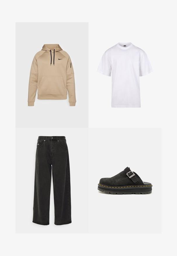 Nike Performance Džemperis ar kapuci - khaki/black; Balts kokvilnas T-krekls ar apaļu kakla izgriezumu, īsām piedurknēm un brīvu piegriezumu. Tam ir vienkāršs dizains bez rakstiem vai akcentiem.; Obey Clothing BIGWIG BAGGY - Plati džinsi - black; Melna zamša klompes ar regulējamu siksnu, kurām ir bieza melna gumijas zole un kontrastējoša dzeltena šuve gar malu.