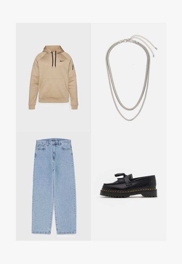 Nike Performance Hoodie - khaki/black; Light blue denim jeans with straight leg design, featuring a mid-rise waist, five pockets, and a button and zipper closure.; Black leather loafer with a tasseled accent, featuring a chunky black sole and yellow stitching along the edge. Textured finish.; Three-layered silver metal necklace featuring sleek, flexible chains with a slight sheen, secured with a lobster clasp and adjustable chain.