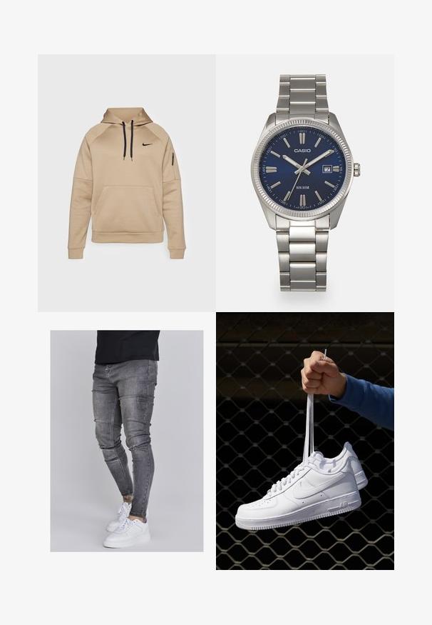 Nike Performance Hættetrøje - khaki/black; Slank jeans i falmet grå denim med slidte detaljer ved knæene, parret med hvide sneakers. Glat tekstur, slim fit design.; Hvide lædersneakers med perforeringer, rund tå, flad sål og tykke snørebånd, med et synligt swoosh-logo og "AIR" på hælen.; Sølv rustfrit stål urrem med en marineblå urskive, metallic timemarkører og et datovindue kl. 3. Vandafvisende op til 50 meter.