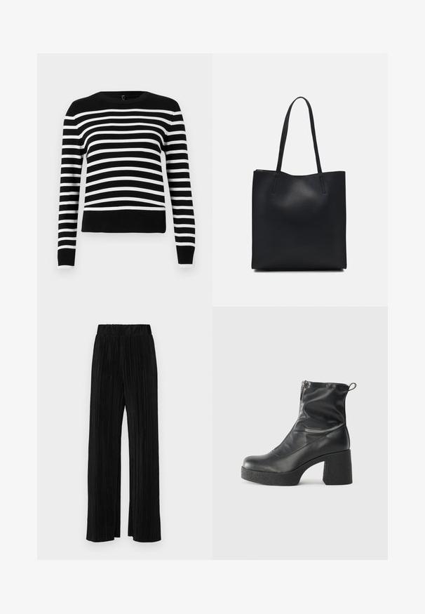 Mustra mustriga mustri ja ümar kaelus, pikkade varrukatega ja soonikkoesega. Pehme kudum, millel on vahelduvad laiad ja kitsad triibud.; Mustad pleekitud püksid elastse vöökohtaga. Omavad laiad jalad ja sujuvat, tekstureeritud kangast vertikaalsete triipudega.; Mustad mustad ansapüksid, mis on valmistatud siledast nahast, külje zipperiga, paksu tekstuuriga kontsaga ja ümmarguse nina disainiga.; Mustast nahast kott sujuva tekstuuriga, ristkülikukujuline ja kahe pika sangaga. Pole nähtavat riistvara ega kaunistusi.