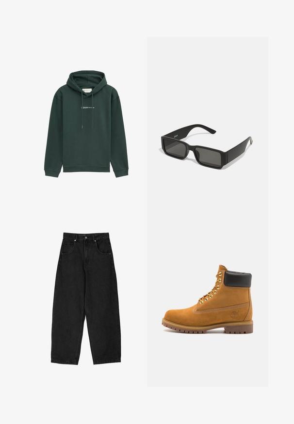 Felpa con cappuccio verde realizzata in un tessuto morbido, dotata di tasca frontale e cordini. Sulla parte anteriore è presente un logo testuale bianco.; Pantaloni wide-leg in denim nero con vita alta, dotati di cinque tasche, chiusura con zip e bottone in metallo. Tessuto liscio, dettagli minimi.; Stivale alla caviglia in suede tan con collare imbottito nero, occhielli in metallo dorato, dettagli in cucitura bianca e suola in gomma robusta con battistrada pronunciato.; Occhiali da sole neri con lenti rettangolari, montatura in plastica opaca e bordi dritti. Presentano il logo del marchio sulla parte interna del braccio.; Borsa a tracolla in pelle marrone con un davanti piatto, due cinghie, dettagli in metallo dorato e una tracolla regolabile.