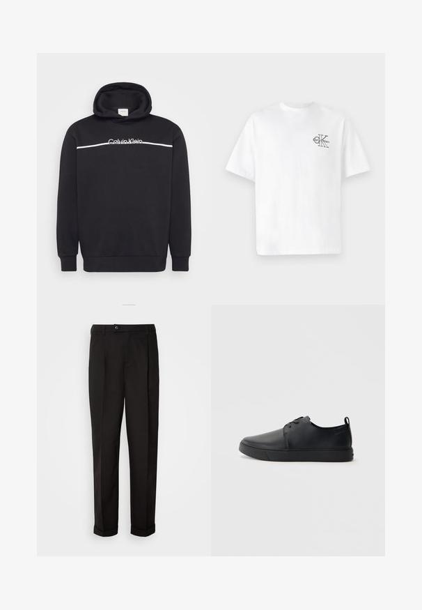 Melnā kapuce, izgatavota no kokvilnas maisījuma, ar baltu Calvin Klein logotipu un horizontālu baltu svītru uz krūtīm. Regulējama aukliņa kapucei.; Balta kokvilnas T-krekls ar īsām piedurknēm, apaļo kaklu, ar melnu CK logotipu kreisajā krūšu zonā, standarta piegriezums, gluda tekstūra.; Melnas bikses ar gludu tekstūru, diviem priekšējiem kabatām, taisnas griezuma un ar vienu pogu vidukļa daļā.; Melnas ādas kedas ar gludu apdari, noapaļota purngala, tonāla šuvēm, auklu fronti un plakanu gumijas zoli. Cilpa pie papēža.