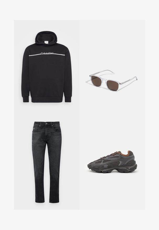 Čierna mikina z bavlneného zloženia s bielym logom Calvin Klein a vodorovným bielym pruhom cez hruď. Nastaviteľná kapucňa na šnúrku.; Čierne džínsy z denimu so strihom s rovnými nohavicami, s piatimi vreckami a zipsom na prednej strane. Jemné vyblednutie a švy na vreckách.; Lacoste tenisky v tmavo sivej farbe z nylonu a syntetického materiálu, s textúrovanou podrážkou a hnedými akcentami na golieri a brandingu.; Priesvitné plastové slnečné okuliare s obdlžníkovými hnedými šošovkami, s tenkými priesvitnými rámami a kovovými akcentmi na spánkoch.