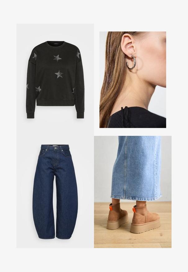 Melna gara piedurkne kreklu džemperis, rotāts ar baltām rhinestone zvaigžņu motīvām priekšpusē, piedurknēs un plecos.; Tumši zili džinsa džinsi ar plašu, vaļīgu pieguļošanu. Ir rāvējslēdzēja aizdare, četri kabatas un kontrastējošas šuves gar šuvēm.; Brūni zamšādas platforma zābaki ar elastīgiem sānu paneļiem un oranžām cilpām, apvienoti ar līdz ceļgaliem garu gaišā denima svārku uz koka grīdas.; Sudraba auskars ar pulētu apdari, ar maziem zelta akcentiem un apaļu formu, uz ausu ļipiņas.