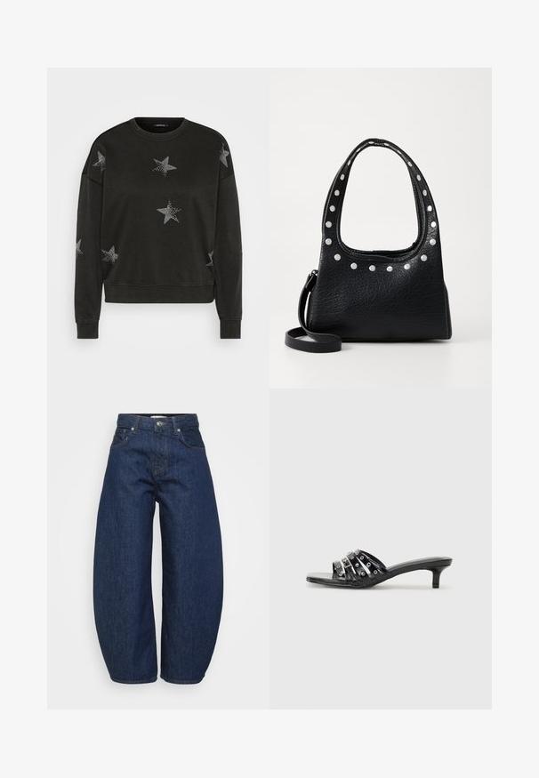 Čierna mikina s dlhým rukávom a kruhovým výstrihom, zdobená bielymi kamienkovými hviezdami na prednej strane, rukávoch a pleciach.; Tmavomodré džínsy z denimu so širokým, voľným strihom. Majú zips na zapínanie, štyri vrecká a kontrastný šev pozdĺž švíkov.; Čierne sandále na podpätku s viacerými lesklými popruhmi a metalickými akcentmi, s ťahavým špičkou a skromnými kitten podpätkami. Hladký povrch.; Čierna kožená kabelka s textúrou a striebornými cvokmi pozdĺž hornej hrany a na uchách, so krátkym uchom a odnímateľným popruhom.; Strieborná kruhová náušnica s lesklým povrchom, obsahujúca malé zlaté akcenty a okrúhly tvar, nosená na lalôčiku ucha.