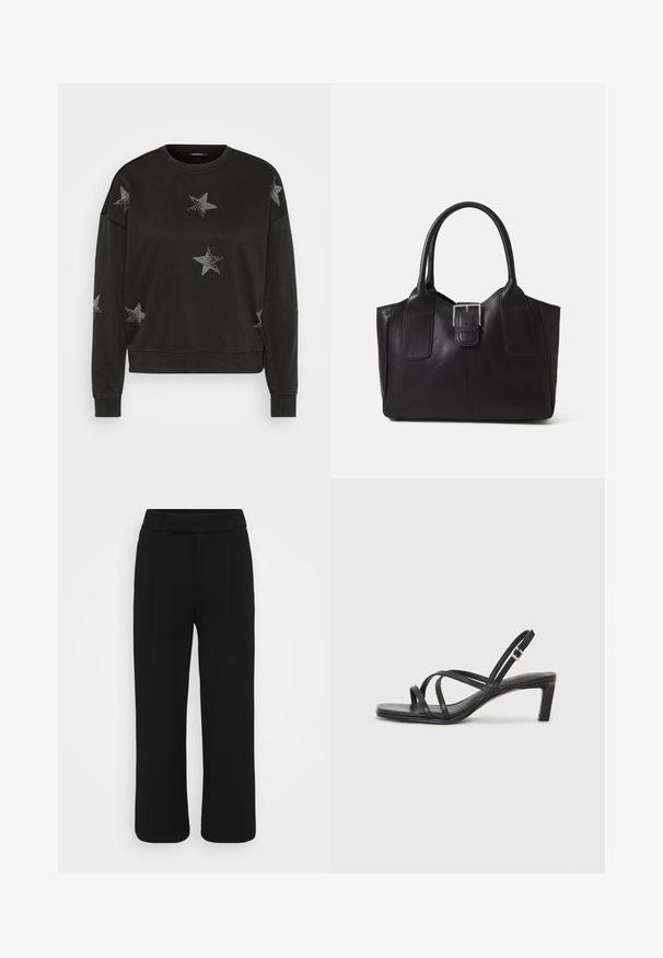 Must mustahed sweatshirt, mille pikad varrukad, kaunistatud valgete sädelevate tähtede mustritega ees, varrukatel ja õlgadel.; Mustad laiad püksid, mis on valmistatud siledast kangast, sirge esiotsaga, vööloopide ja nähtamatute taskuteta. Puhtad, vormikohased jooned.; Mustast rihmajalatsid ruudukujulise varba ja madala ploki kontsaga. Omab mitmeid õhukesi rihmasid ja reguleeritavat pahkluu rihma. Valmistatud siledast nahast.; Mustgamma nahast kott, millel on sile tekstuur, struktureeritud kuju, kaks käepidet ja esiküljel silmapaistev hõbedane pandla detail.