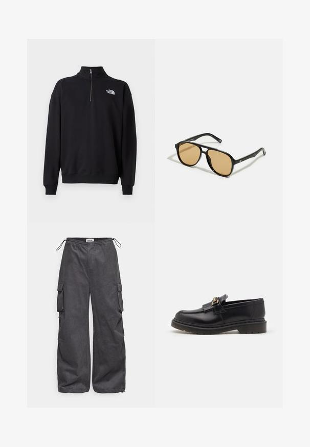 Svart half-zip hettegenser laget av mykt stoff, med høyt krage, ribbestrikkede mansjetter og en hvit logo på venstre bryst.; Hvit bomulls t-skjorte med korte ermer, rund hals og rett nederkant. Glatt tekstur, minimalistisk design uten mønstre eller detaljer.; Grå cargo bukser med teksturert stoff, elastisk liv, snøring og sidelommer. Løs passform med vide ben.; Sorte skinnloafers med rund tå, dekorativ frynse og gullbeslag. Tyk gummisåle for ekstra grep og holdbarhet.; Svarte solbriller med brune fargede linser; rektangulær form med tykk ramme, inkludert subtile hardware-detaljer på stengene.
