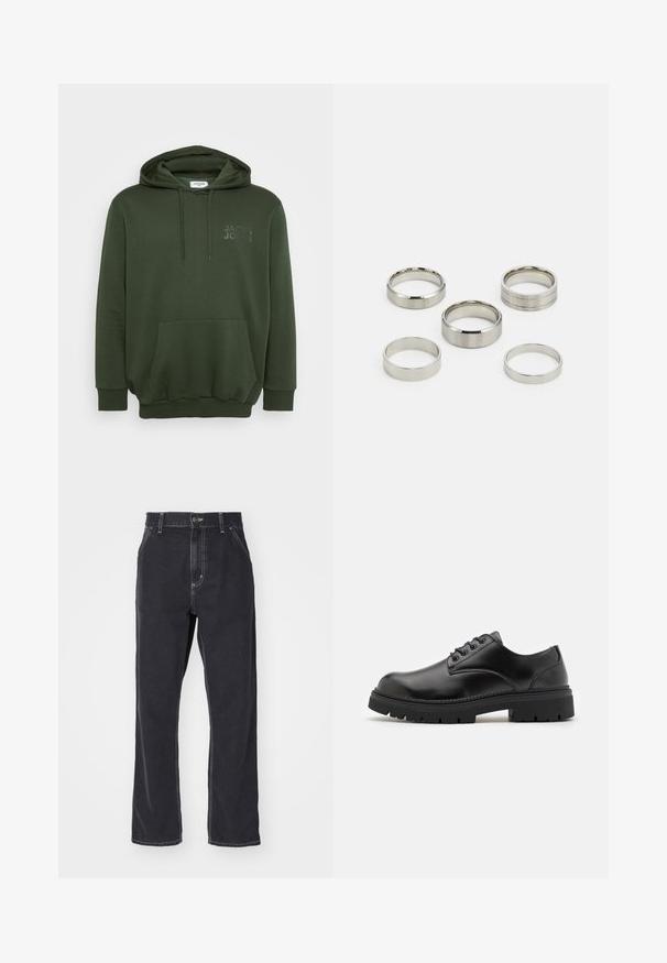 Λαδί φούτερ με τσέπη στο μπροστινό μέρος, κουκούλα με κορδόνι και ανάγλυφο λογότυπο στο στήθος. Φτιαγμένο από μαλακό, υφασματώδη υλικό.; Λευκό μπλουζάκι από βαμβάκι με κοντά μανίκια, στρογγυλή λαιμόκοψη και άνετη εφαρμογή. Λείος υφή χωρίς ορατά σχέδια ή διακοσμητικά στοιχεία.; Μαύρα τζιν παντελόνια με ίσια γραμμή, διαθέτουν φερμουάρ, πέντε τσέπες και αντίθετο κέντημα κατά μήκος των ραφών.; Μαύρα δερμάτινα παπούτσια με στρογγυλή μύτη, σχέδιο με κορδόνια και παχιά, υφή από καουτσούκ σόλα. Διαθέτει ραφή κατά μήκος της άκρης και ομαλή φινιρίσματα.; Σύνολο πέντε μεταλλικών δαχτυλιδιών σε διάφορα πλάτη, με λείους, γυαλισμένους και βουρτσισμένους φινιρίσματα. Οι αποχρώσεις κυμαίνονται από γυαλιστερό ασημί έως ματ.