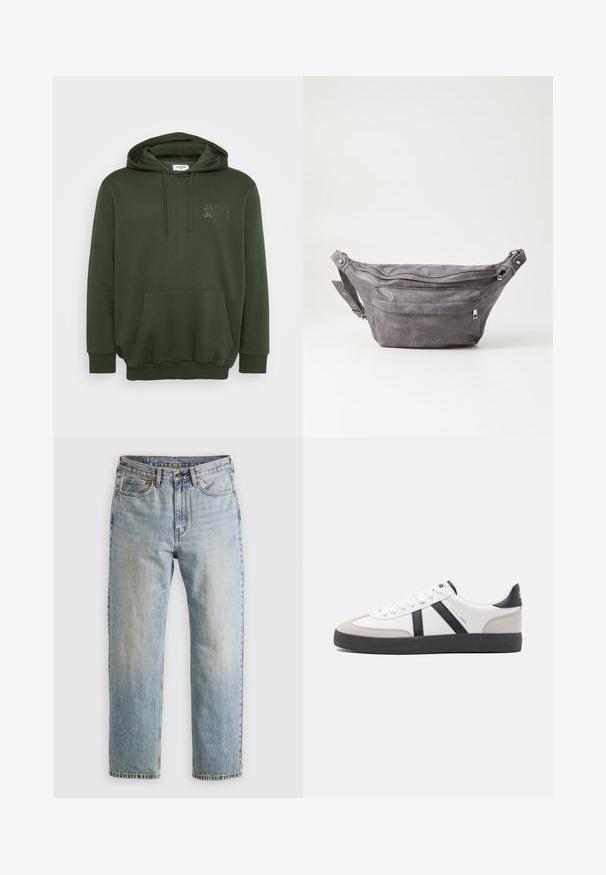 Olive green hoodie with a front pocket, drawstring hood, and embossed logo on the chest. Made from soft, textured fabric.; Light blue denim jeans with high waist, front button, zipper, and five-pocket design, laid flat on a neutral background.; White sneaker with black and gray accents, featuring a textured gray toe cap, black rubber sole, and flat white laces. Clean design, minimalist style.; Gray suede fanny pack with a rounded shape, two zippered compartments, and adjustable strap. Features metal hardware accents.