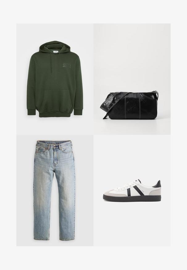 Hanorac verde măsliniu cu un buzunar frontal, glugă cu șnur și logo embosat pe piept. Fabricat dintr-un material moale, texturat.; Jeans din denim de culoare albastru deschis, cu talie înaltă, nasture frontal, fermoar și design cu cinci buzunare, așezate platesc pe un fundal neutru.; Sneaker alb cu accente negre și gri, având un capac de vârf gri texturat, talpă din cauciuc negru și șireturi plate albe. Design elegant, stil minimalist.; Geantă de umăr din piele neagră cu închidere cu fermoar, având un corp texturat, cusături albe și o curea cu ochiuri argintii.