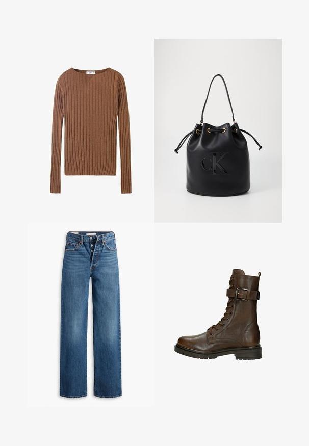 Brauner, gerippter Langarmpullover mit rundem Halsausschnitt, der einen strukturierten Stoff zeigt, der vertikale Linien betont. Einfaches und tailliertes Design.; Blaue Denim-Jeans mit weitem Bein, fünf Taschen, Knopfverschluss und kontrastierenden Nähten. Strukturierter Stoff mit einem verblassten Finish.; Braune Leder-Schnürstiefelette mit einer seitlichen Schnalle, runder Zehenpartie, robustem Profil und gesteppten Details für zusätzliche Textur.; Schwarze Leder-Eimer-Tasche mit Kordelzugverschluss, ausgestattet mit einem glänzenden "CK"-Logo auf der Vorderseite und goldfarbenen Hardware-Akzenten.