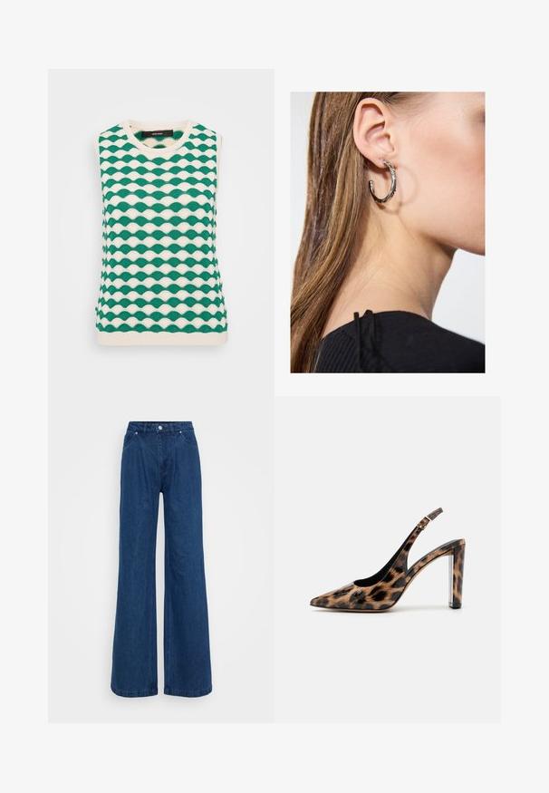 Green and cream knitted sleeveless top featuring a wavy pattern. The design includes a crew neckline and ribbed edges.; Wide-leg blue denim jeans with a high waist, front button and zipper closure, and front and back pockets against a plain background.; Leopard print slingback pump with a pointed toe and transparent block heel. Made of glossy material with a smooth texture.; Silver hoop earring with a polished finish, featuring small gold accent details and a round shape, worn on the lobe.