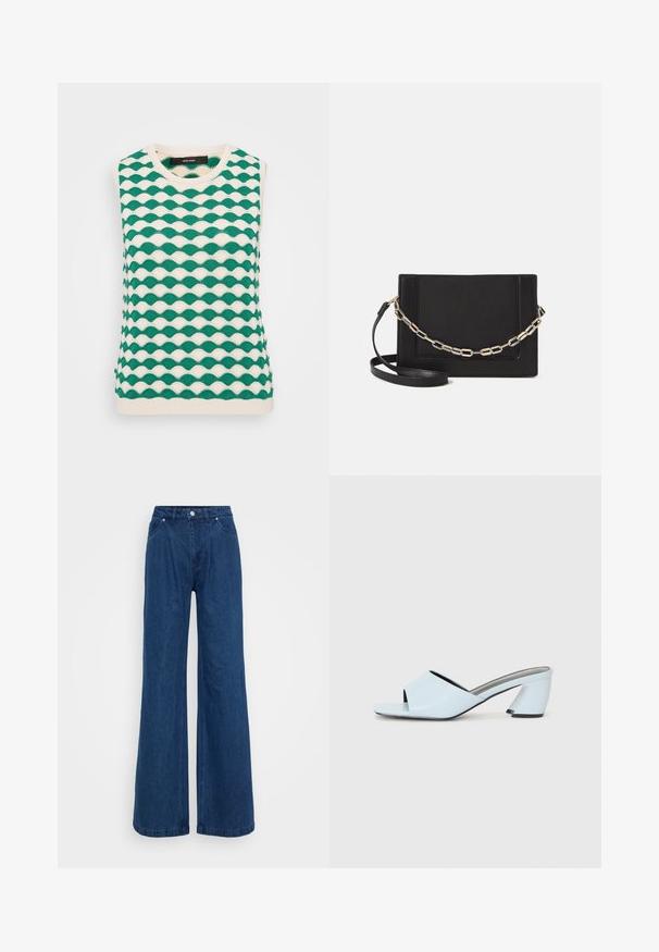 Green and cream knitted sleeveless top featuring a wavy pattern. The design includes a crew neckline and ribbed edges.; Wide-leg blue denim jeans with a high waist, front button and zipper closure, and front and back pockets against a plain background.; Light blue open-toe heeled mules with a geometric design, featuring a wide strap across the foot and a chunky, angular heel.; Black leather crossbody bag featuring a smooth texture, rectangular shape, and a metallic chain detail on the front. Adjustable strap included.