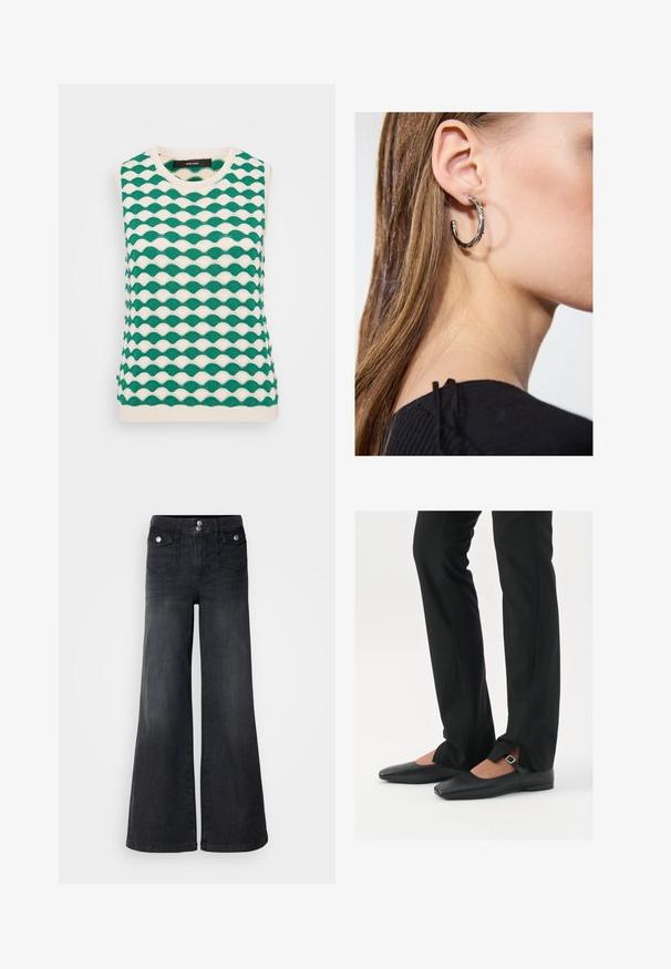 Zöld és krémszínű kötött ujjatlan felső, hullámos mintával. A dizájn környakú és bordás szélekkel rendelkezik.; Fekete farmer széles szárú nadrág magas derékkal, elülső gombokkal és két elülső zsebbel; sima textúrával, enyhén kopott hatással.; Fekete bőr balettcipők hegyes orral, ezüst csattal ellátott pánttal, fekete szabott nadrággal, amelynek hasított szegélye van.; Ez egy ezüst fülbevaló, sima felülettel, amelyen apró arany díszítőelemek találhatók. Kerek formájú és a fülcimpán viselik.