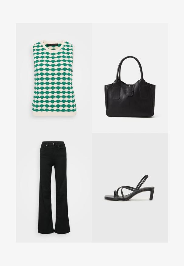 Green and cream knitted sleeveless top featuring a wavy pattern. The design includes a crew neckline and ribbed edges.; Black flared jeans made from denim, featuring a high waist, five pockets, and metal button closure. Smooth texture with minimal detailing.; Black strappy sandal with a square toe and a low block heel. Features multiple thin straps and an adjustable ankle strap. Made of smooth leather.; Black leather tote bag with smooth texture, structured shape, two handles, and a prominent silver buckle detail on the front.