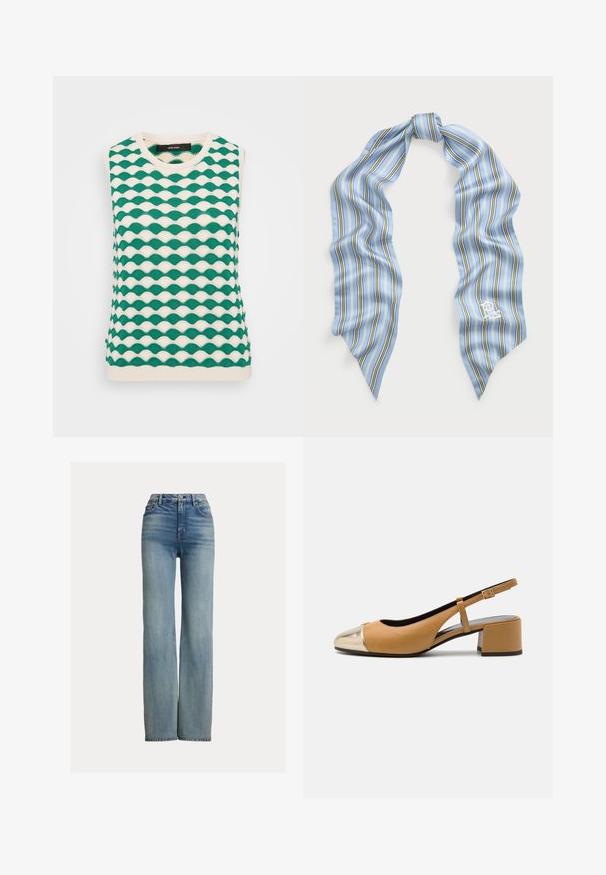 Top fără mâneci tricotat în verde și crem, având un model ondulat. Designul include un guler rotund și margini canelate.; Jeans albaștri cu talie înaltă și croială dreaptă, dotate cu buzunare frontale, bucle pentru curea și închidere cu nasture, având detalii ușor decolorate.; Pantofii slingback din piele de culoare tan, cu vârf de metal aurit, având un toc bloc și o curea subțire ajustabilă. Textură netedă, cu detalii minime.; Fular din mătase albastru deschis, cu dungi verticale în verde, purpuriu și alb. Margini finisate, cu un mic logo brodat într-un colț.; Geantă de mână din piele quinoa neagră, cu vârf adunat, curea din lanț auriu și formă rectangulară, ținută pe un fundal simplu.