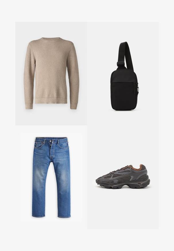 Krémový svetr s kulatým výstřihem v texturovaném pletení, s dlouhými rukávy a rovnými lemy. Tkanina vypadá měkce a teple.; Modré riflové džíny, rovný střih, s viditelným vyblednutím, zapínání na knoflík a zip, pět kapes a oranžové švy.; Sněrovací boty Lacoste v tmavě šedé barvě s síťovinou a syntetickým materiálem, prezentující texturovanou podrážku a hnědé detaily na límci a logu.; Černá crossbody taška vyrobená z odolné tkaniny, s jedním nastavitelným popruhem, zapínacím hlavním oddělením a přední kapsou.