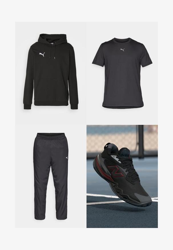 Fekete kapucnis pulóver puha anyagból, elöl kenguruzsebbel és fehér Puma logóval a mellkasán. Behúzható kapucnival rendelkezik.; Fekete, rövid ujjú sportpóló, könnyű anyagból készült. Kicsi, fényvisszaverő logóval rendelkezik a mellkasán, valamint kerek nyakú fazonja van.; Fekete sportos nadrág sima, könnyű anyagból. Rugalmas derékkal rendelkezik, és a bal oldalon egy kis fehér logó található.; Fekete sportcipő texturált felsőrésszel, piros díszítésekkel és gumitalppal. Alacsony profilú és megerősített orrrész jellemzi.