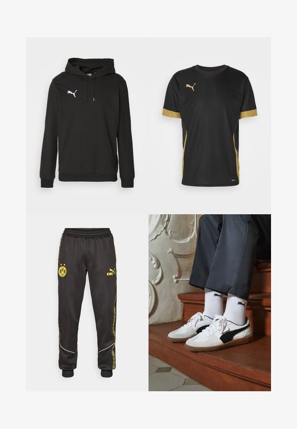 Čierna mikina s kapucňou z mäkkej textílie, ktorá má predné kengúrové vrecko a biele logo Puma na hrudi. Obsahuje kapucňu s šnúrkou.; Čierne športové tričko s zlatými akcentmi na rukávoch a boku. Obsahuje okrúhly výstrih, krátke rukávy a vlhkosť odvádzajúcu tkaninu DRYCELL.; Čierne atletické nohavice s žltými logami Borussia Dortmund BVB 09 a Puma King, elastický pás a žlté pruhy so vzorom po stranách.; Tenisky Puma v bielej a čiernej z semišu, s hnedou gumovou podrážkou. Kombinované s bielymi ponožkami s čiernym logom, nosené s tmavými nohavicami.