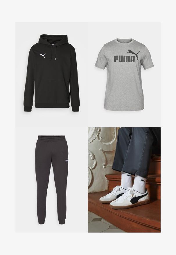 Felpa nera con cappuccio realizzata in tessuto morbido, dotata di tasca a marsupio frontale e logo bianco Puma sul petto. Include un cappuccio con cordino.; T-shirt in cotone grigio con maniche corte, caratterizzato da un grande logo nero "PUMA" e un grafiche di un puma nero sulla parte anteriore. Collo rotondo.; Pantaloni da tuta grigio scuro con vita elasticizzata, gambe affusolate e un piccolo logo Puma bianco sulla coscia sinistra. Materiale in morbido misto cotone.; Sneakers Puma in suede bianco e nero, con suola in gomma marrone. Abbinati a calzini bianchi con logo nero, indossati con pantaloni scuri.