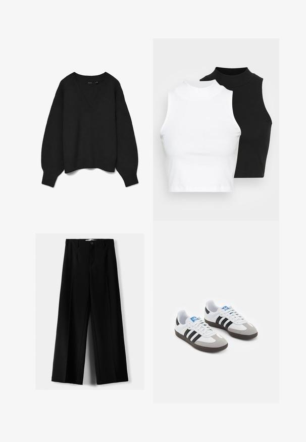 Crni pleteni džemper s dubokim V-izrezom, spuštenim ramenima i rebrastim manšetama i rubom. Mekana tekstura s oversized krojem. Bez vidljivih uzoraka.; Dvije bezrukavne rebraste majice s visokim ovratnikom u crnoj i bijeloj boji, s prilagođenim dizajnom i glatkom teksturom, te skraćenom dužinom.; Crne široke hlače izrađene od lagane tkanine, s prednjim zatvaranjem na dugme i ravnim prednjim dijelom, sa uredno šivenim rubovima.; Sportske cipele s gornjištem od bijele kože, sivi suedinasti nos i tri crne pruge. Imaju plavi logo na jeziku i teksturiranu gumenu podlogu.