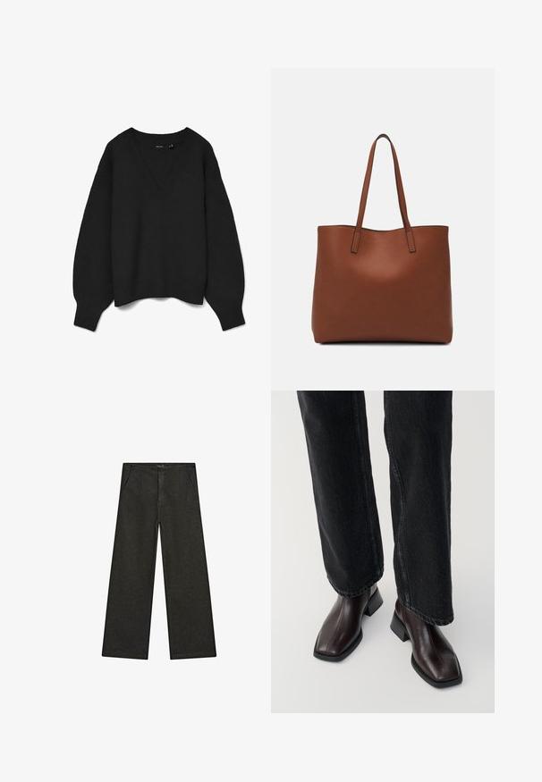 Black knitted sweater with a deep V-neck, drop shoulders, and ribbed cuffs and hem. Soft texture with an oversized fit. No visible patterns.; Wide-leg black denim pants featuring a mid-rise waist, two front pockets, and a clean, minimalist design with no visible embellishments.; Brown leather ankle boots with a square toe and block heel, paired with black wide-leg jeans. Smooth texture and minimalistic design.; Brown leather tote bag with a smooth texture, open top design, and two shoulder straps. Features minimal stitching and no visible hardware.
