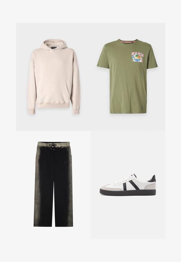 Light beige hooded sweatshirt made of soft fabric. Features a kangaroo pocket, ribbed cuffs, and a relaxed fit design.; Olive green cotton T-shirt featuring a printed bowl of food design in pink, blue, and green, with a crew neck and short sleeves.; YOURTURN UNISEX - Tracksuit bottoms - black; White sneaker with black and gray accents, featuring a textured gray toe cap, black rubber sole, and flat white laces. Clean design, minimalist style.