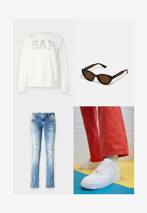 GAP HERITAGE CREW - Sudadera - white; Jeans de mezclilla azul claro con un corte relajado, que presentan detalles desgastados, un cierre de botón con dos botones y piernas rectas.; Zapatilla de cuero blanco con caja de dedos perforada, suela texturizada y cordones blancos, combinada con pantalones rojos amplios y un fondo azul y amarillo.; Gafas de sol de carey marrón con una forma vintage de ojo de gato y lentes marrones. Presentan brazos curvados con acentos rojos.; Aretes de aro de oro con un acabado suave y brillante. Diseño circular que presenta un pequeño post y un respaldo transparente para un uso seguro.