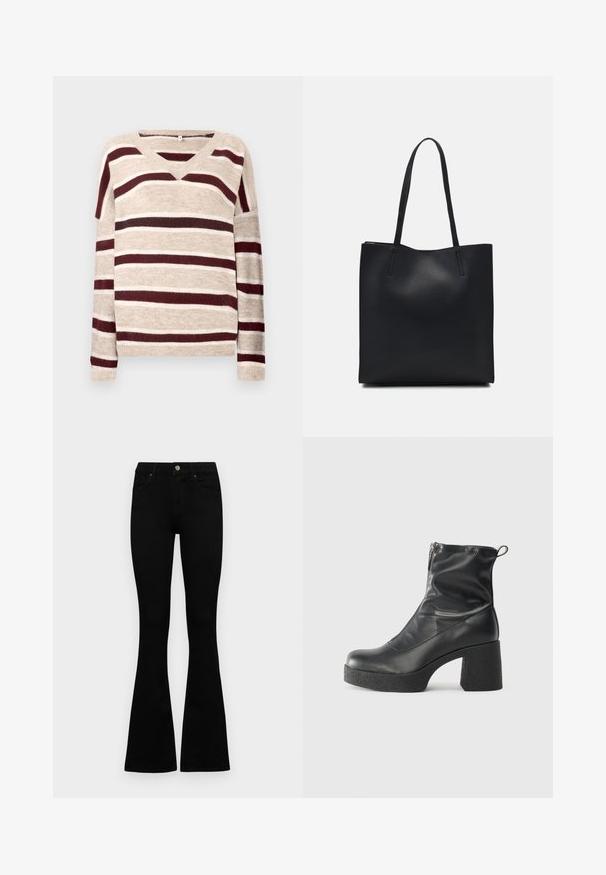 Beiger V-Ausschnitt-Pullover mit dunkelroten und cremefarbenen Streifen. Hat lange Ärmel und einen gerippten Saum. Weicher Stoff und lockere Passform.; Schwarze hochtaillierte Jeans mit einem Knopf- und Reißverschluss, Fronttaschen und ausgestellten Beinen, flach auf einem weißen Hintergrund ausgelegt.; Schwarze Stiefeletten aus glattem Leder mit seitlichem Reißverschluss, klobigem strukturiertem Absatz und runder Zehenform.; Schwarze Laptoptasche aus Leder mit glatter Textur, rechteckiger Form und zwei langen Griffen. Keine sichtbaren Beschläge oder Verzierungen.