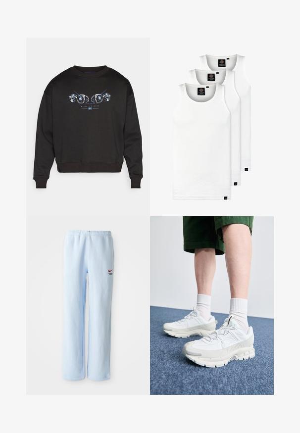 Melna sporta jaka ar apaļu dekoltē, priekšpusē ar zilu grafisko dizainu, uz kura attēloti gredzeni un teksta "VĒSTURES VEIDOTĀJI".; Trīs baltas ribotas krūšturi, kas izgatavoti no kokvilnas. Iezīmēti ar apaļu kakla izgriezumu un maziem melniem etiķetēm tuvu apakšmalai. Pieejami vairākos izmēros.; Gaiši zili treniņbikses ar elastīgu jostasvietu, uz kurām ir neliels sarkans Nike logo un teksts "Sporta nodaļa". Mīksts kokvilnas audums.; Baltas sporta apavi ar teksturētām detaļām, masīvu zoli un pelēkiem akcentiem. Valkāti ar baltiem zeķu pēdu apģērbiem un zaļām šortiem uz zilas virsmas.