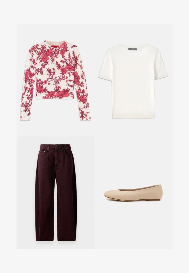 Červený kardigán s kvetinovým vzorom vyrobený z mäkkej, elastickej tkaniny, s okrúhlym výstrihom a rebrovanými manžetami, so zapínaním na gombíky na prednej strane.; Biele krátke rukávy pletené tričko s okrúhlym výstrihom, ktoré má jemnú textúru a nenápadné rebrované detaily na rukávoch a leme.; Burgundské nohavice s širokými nohavicami vyrobené z bavlneného denimu, s vysokým pásom, prednými vreckami a viditeľným šitím. Klasický dizajn s piatimi vreckami.; Béžové kožené baleríny s okrúhlym prstom, minimálnym švom, nízkym podpätkom a diskrétnym logom na zadnej strane. Hladká, matná textura.