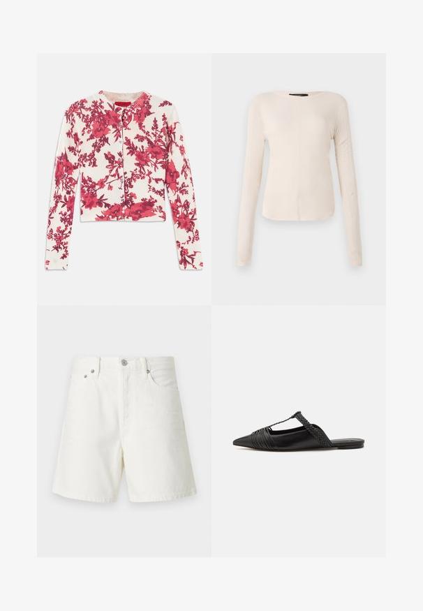 Cardigan rosso a fantasia floreale in un tessuto morbido e elastico, con scollatura rotonda e polsini a costine, dotato di chiusura con bottoni lungo il davanti.; Maglietta a maniche lunghe di colore beige chiaro con scollatura rotonda. Realizzata in tessuto morbido, presenta una cucitura centrale e un orlo leggermente curvato. Senza hardware visibile.; Shorts di denim bianco con taglio dritto, design a cinque tasche, chiusura frontale con bottone, accessori in argento e dettagli cuciti.; Scarpa slingback in pelle nera con punta appuntita, con un dettaglio intrecciato e un design superiore plissettato. Suola piatta con hardware minimale.