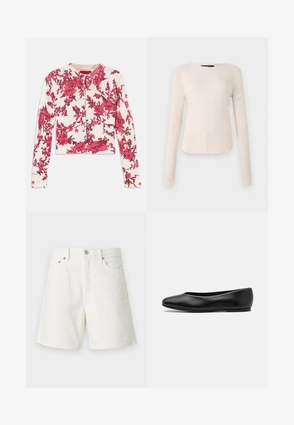 Cardigan rosso a fantasia floreale in un tessuto morbido e elastico, con scollatura rotonda e polsini a costine, dotato di chiusura con bottoni lungo il davanti.; Maglietta a maniche lunghe di colore beige chiaro con scollatura rotonda. Realizzata in tessuto morbido, presenta una cucitura centrale e un orlo leggermente curvato. Senza hardware visibile.; Shorts di denim bianco con taglio dritto, design a cinque tasche, chiusura frontale con bottone, accessori in argento e dettagli cuciti.; Paul Smith TOPANGA - Ballerine - black