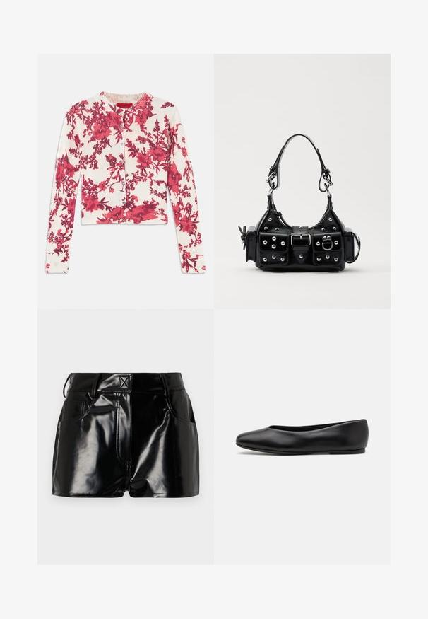 Cardigã com padrão floral vermelho, feito de um tecido suave e elástico, com um decote redondo e punhos canelados, apresentando fecho de botões na parte da frente.; Calções pretos e brilhantes feitos de material sintético. Apresentam uma cintura justa, passantes para cinto e bolsos frontais com detalhes de costura proeminentes.; Paul Smith TOPANGA - Sabrinas - black; Bolsa de couro preta com um design curvado, apresentando tachas prateadas, uma fivela e dois bolsos laterais. Alça ajustável para opções de transporte.