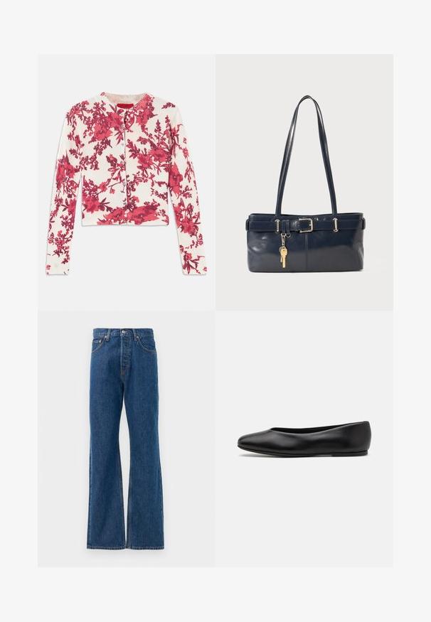 Rdeč cardigan z cvetličnim vzorcem iz mehkega, elastičnega materiala, z okroglo izrezom in rebrastimi manšetami, ki se zapenja s gumbi po sprednji strani.; Modre flared jeans iz denima z visokim pasom, opremljene s petimi žepi, srebrnim gumbom za zapiranje in vidnimi šivi.; Paul Smith TOPANGA - Balerinke - black; Mornarska usnjena torbica z dvema dolgima ročajema, dodatkom z zaponko in pritrjeno ključavnico. Ima gladko teksturo in pravokotno obliko.