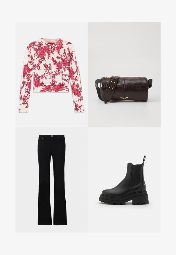 Raudonas gėlių rašto kardiganas, pagamintas iš minkštos, tamprios medžiagos, su apvaliu iškirpimu ir giliomis rankovėmis, su mygtukų užsegimu priekyje.; Juodi plačios kojų džinsai, pagaminti iš denimo, turintys dvi priekinės kišenes, užsegimą su mygtuku ir lygią tekstūrą. Išsiuvinėjimas matomas siūlėse.; Juodi Chelsea batai, pagaminti iš lygaus odos, su elastingais šonų paneliais, storu, grotuotu guminio pado ir su traukimo įrankiu gale.; Ruda krokodilo odspaudo odinė rankinė cilindro formos, su auksinėmis detalėmis ir nuimamu dirželiu, papuoštu studelėmis.