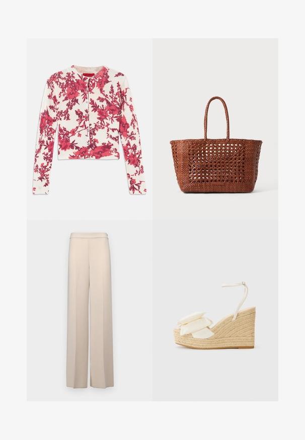 Rød cardigan med blomstermønster i et mykt, elastisk stoff, med rund hals og ribbestrikkede mansjetter, med knappelukking foran.; Beige vidde benbukser i et glatt stoff, med høyt liv og subtile frontfolder. Ingen lommer eller synlige detaljer i metall.; Sandal med kilehæl og en naturlig jute-platform, overdel i cremet stof og to lag blomsterdekor; har en tynd ankelrem med spænde.; Vevd brun tote bag med et åpent mønster, rektangulær form og to flettede håndtak. Har en solid bunn for støtte.