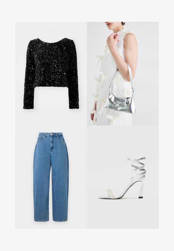 Top negro de manga larga y cropped, hecho de tela de lentejuelas, con un corte redondeado en el cuello y una superficie texturizada de lentejuelas brillantes.; Pantalones de mezclilla de color azul claro con un ajuste de pierna recta, cintura alta y cierre frontal con botón. Cuenta con cinco bolsillos y detalles de costura mínimos.; Sandaia de tacón alto plateada con un diseño de tira brillante, que cuenta con un acento similar a una perla y una correa en espiral en el tobillo para un ajuste seguro.; Bolso de mano metálico plateado con forma estructurada, que presenta un asa superior y un detalle de lazo en el frente. Textura suave y acabado reflectante.