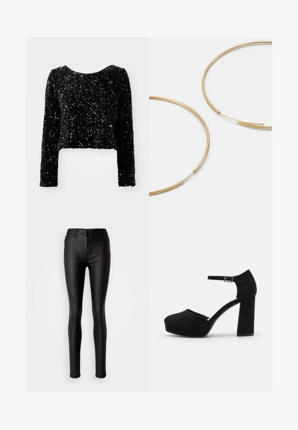 Melna, īsā topā ar garām piedurknēm, izgatavota no sekvīru auduma, ar noapaļotu kakla izgriezumu un teksturētu virsmu, kas klāta ar mirdzošām sekvīnēm.; Melnas mākslīgās ādas šaurās bikses ar gludu tekstūru, augstu jostasvietu, pogu aizdari un tradicionālo piecu kabatu dizainu.; Melna zamšāda platforma ar biezu bloku papēdi, noapaļotu purngalu un potītes siksniņu, kas nostiprināta ar metāla sprādzi. Gluda virsma visā apjomā.; Zelta krāsas auskari gredzena formā, plāni un apaļi, ar gludu metāla apdari un bez rotājumiem vai zīmējumiem.; Melnas ādas maku ar pārklājošu flapu, zelta detaļām, ar logotipa akcentu. Ietver noņemamu siksniņu pārvadāšanai.