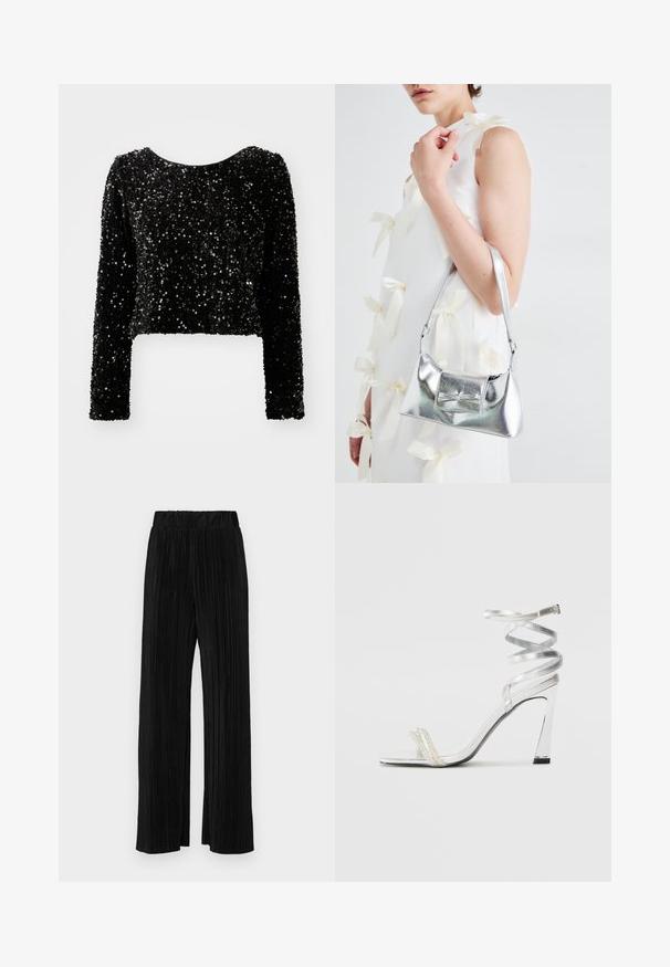 Haut noir à manches longues, court, en tissu pailleté, avec un col rond et une surface texturée de paillettes scintillantes.; Pantalons plissés noirs avec une taille élastique. Présente des jambes larges et un tissu lisse texturé avec des rayures verticales.; Sandale à talons hauts argentée avec un design de lanière brillante, mettant en avant un accent semblable à une perle et une lanière de cheville en spirale pour un maintien sécurisé.; Sac à main métallisé argenté au design structuré, avec une poignée supérieure et un détail en nœud sur le devant. Texture lisse, fini réfléchissant.