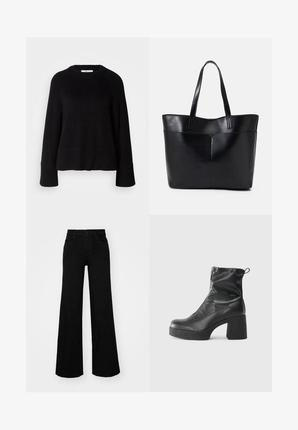 Fekete kötött pulóver kerek nyakkal, bordás mandzsettával és aljjal. Lazább szabású, texturált anyaga fokozott meleget biztosít.; Fekete, bő szárú farmernadrág, amelynek állítható derékrésze van, övhurkokkal és elülső zsebekkel. Simaság jellemzi, klasszikus dizájnnal.; Fekete bokacsizmák sima bőrből, oldalsó cipzárral, vastag, texturált sarkú és lekerekített orrú dizájnnal.; Fekete bőr bevásárlótáska két hosszú fogantyúval, sima felülettel és strukturált formával. Elülső zseb található rajta a plusz tárolás érdekében.