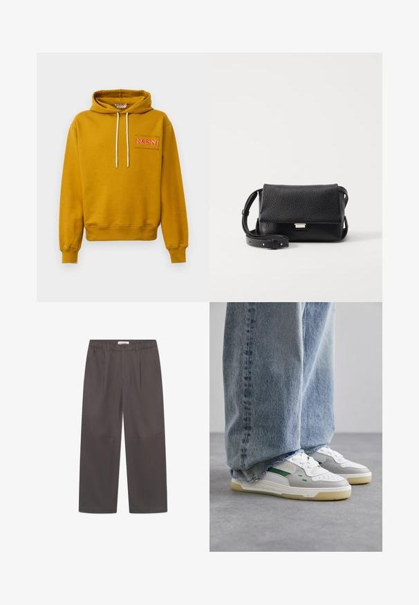Felpa con cappuccio color giallo senape realizzata in cotone; presenta una tasca frontale con "MARNI" ricamato in cucitura rosa e lacci bianchi.; Pantaloni grigi a gamba larga realizzati in tessuto liscio, con chiusura a bottoni e due tasche laterali. Design semplice e pulito senza motivi visibili.; Sneakers bianchi e grigi con accenti verdi, dotati di una tomaia in rete e suola in gomma, abbinati a jeans in denim blu con orli sfilacciati.; Borsa a tracolla in pelle nera con texture, chiusura a pattina, hardware in argento e tracolla regolabile. Design minimalista con linee pulite.