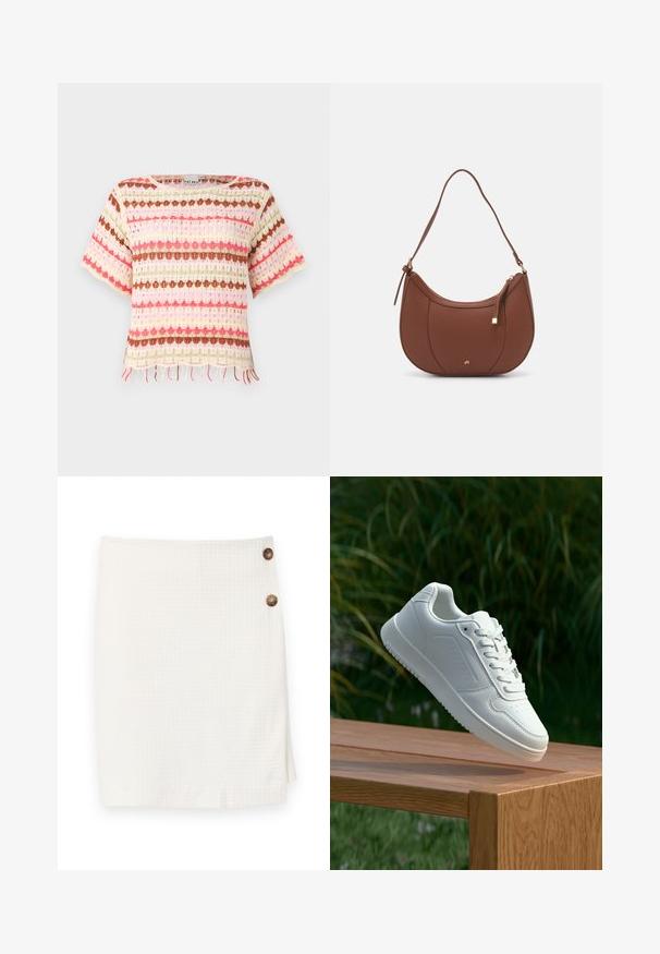 Lace-knit top with colorful horizontal stripes in pink, red, green, and brown. Short sleeves and fringed hem detail.; White skirt with a textured fabric, featuring a wrap design and two round buttons on the side for fastening.; White sneaker with a smooth synthetic upper, perforated toe box, flat laces, and a textured sole, displayed on a wooden surface.; Brown faux leather shoulder bag with curved shape, minimal stitching, and a gold-tone hardware accent. Features a top zipper closure and adjustable strap.
